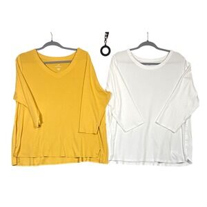 J.Jill Bundle 2X Women 3/4 Sleeve Top Pima Cotton‎ Gold/White Tee Shirts Scoop/V